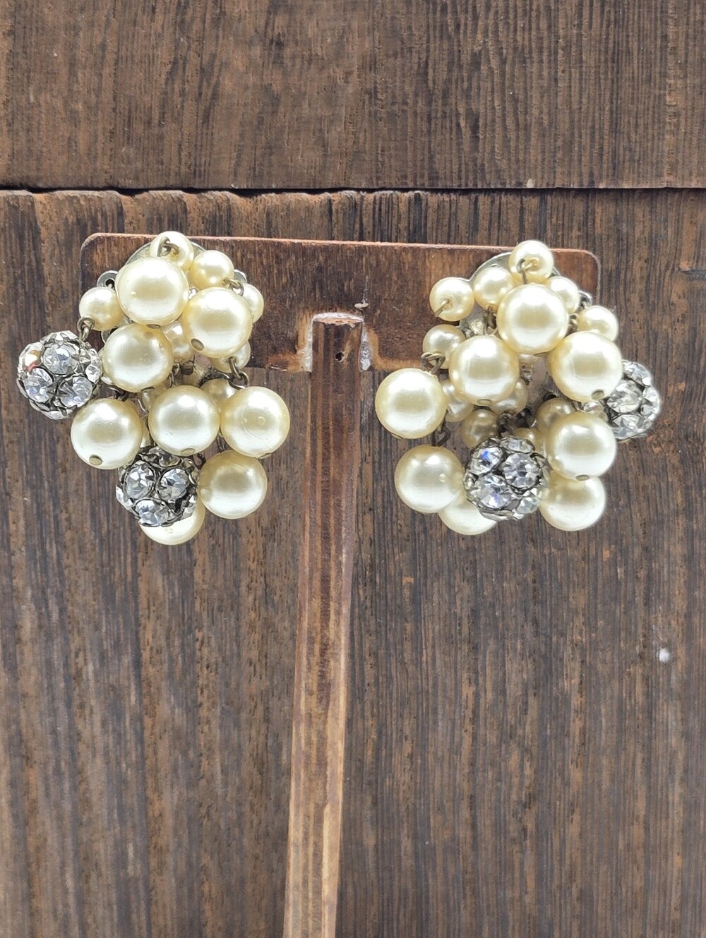 60's Rhinestone Faux Pearl Earrings Clip-On Silver Tone Stud Drop Fashion Vtg